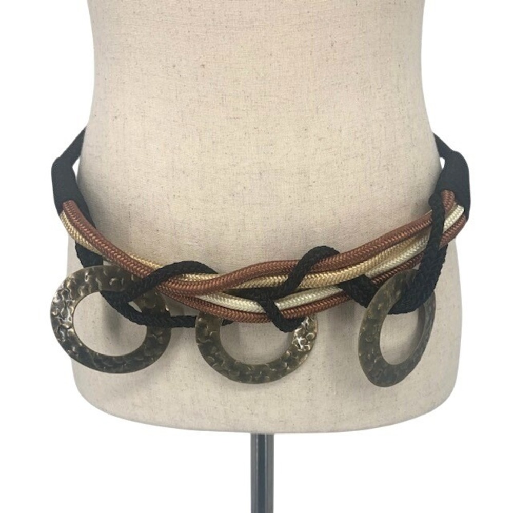 Boho Braided Rope Belt Hammered Brass Rings Black Brown Gold 70s Statement Belt